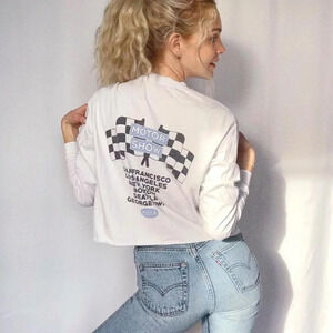 Brandy Melville Motor Car Show Cropped Crewneck Sweatshirt in White/Blue OS